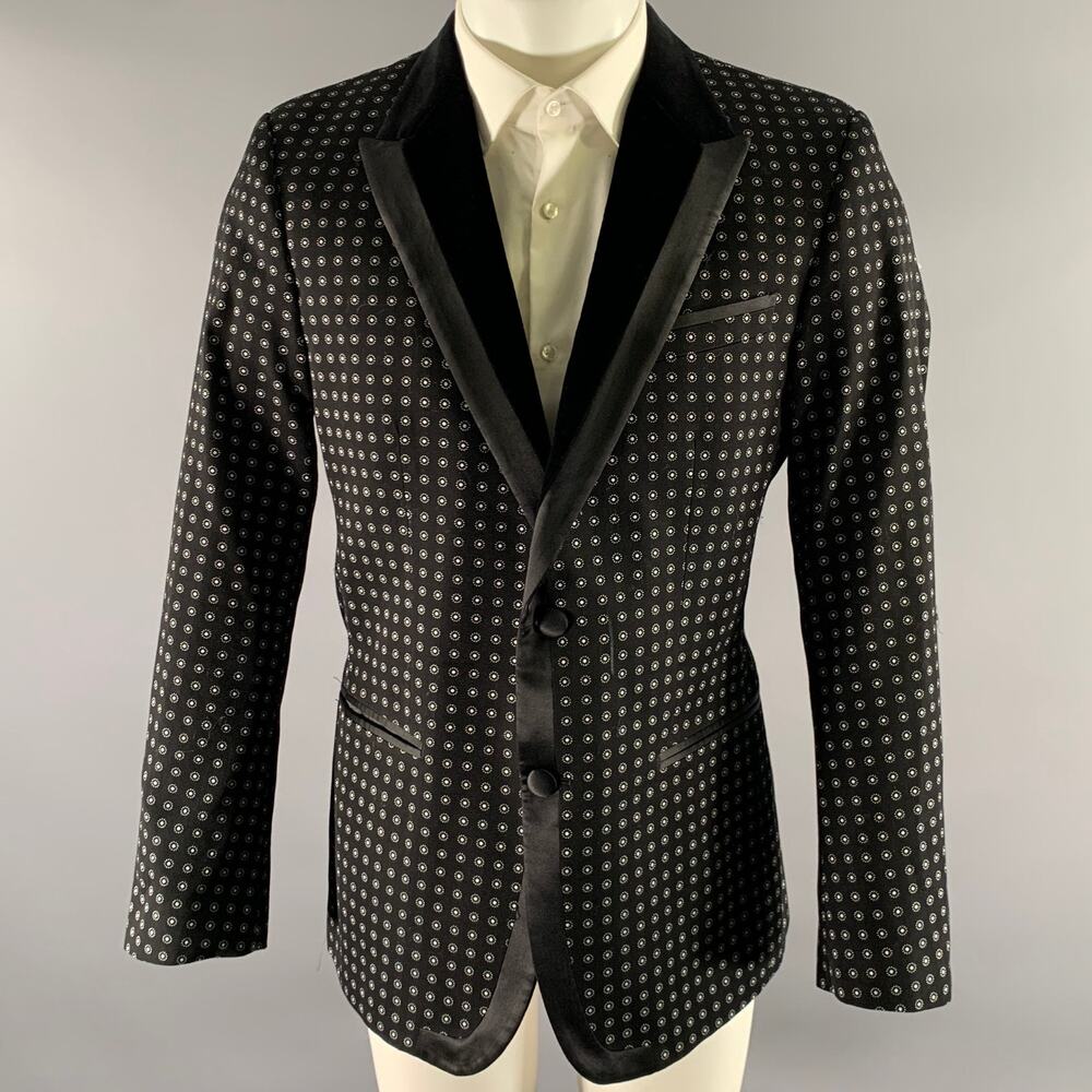 DOLCE & GABBANA Size 40 Black White Dot Cotton Blend Tuxedo Sport Coat